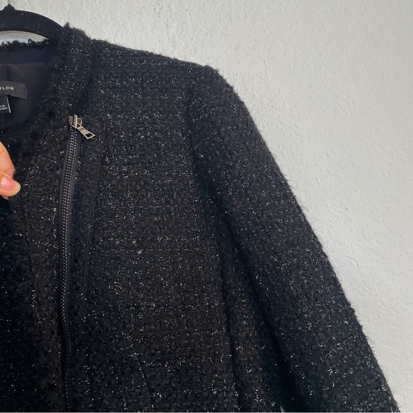 Ann Taylor Black Metallic Moto Style Tweed Jacket Zip Up Size 6 - Picture 4 of 8